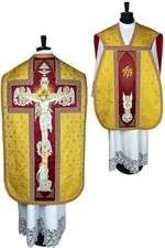 Fiddleback CHASUBLE golden Roman,5psc vestment, Stole Chalice Veil,Maniple,Burse