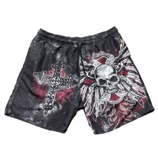 Bioworld Shorts Affliction Style Repaired Skull Wings Cross Gym RunSwim SurfUSED