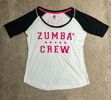 Zumba Crew Baseball Style T-Shirt, White w/ Black 3/4 Sleeves & Pink Logo, L