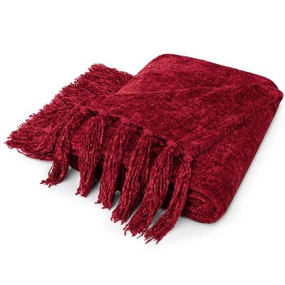 Burgundy Red Throw Blanket for Couch and Bed Chenille Woven