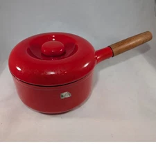 Descoware Red Enamel Saucepan with Wooden Handle Vintage Cookware