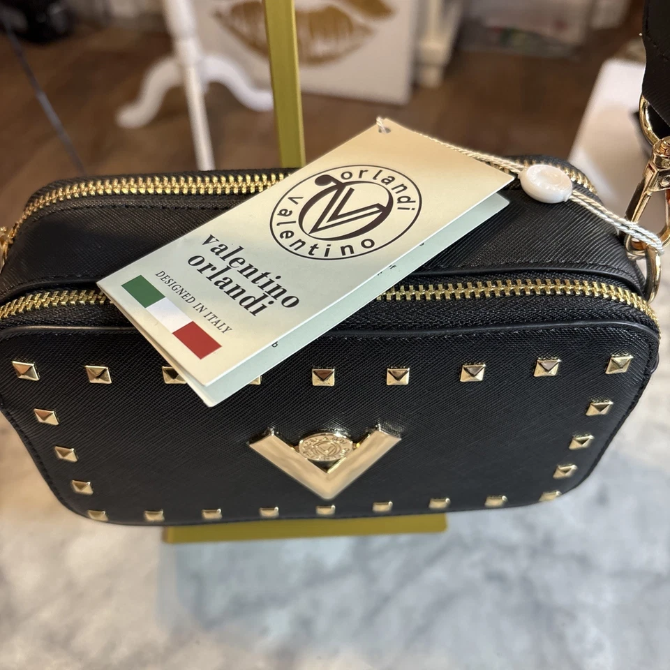 Valentino Orlandi black studded crossbody bag with gold-tone hardware. - Image 3 of 4