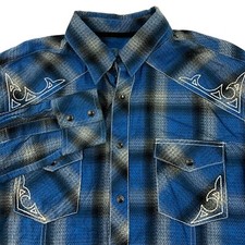 Wrangler Rock 47 Shirt Men  s Medium Pearl Snap Blue Plaid Abstract Long Sleeve