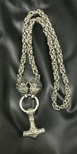 Ancient Treasures Stainless Steel Wolf Head Chain with Mjolnir