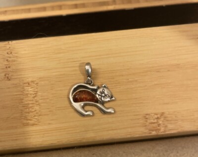 Cognac / Brown Cat / Kitty BALTIC AMBER Pendant - 925 STERLING SILVER