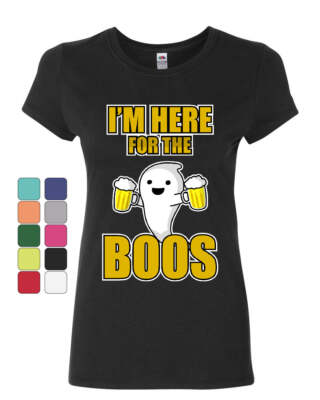 I'm Here for the Boos Women's T-Shirt Halloween Ghost Drinking Beer Mug Shirt