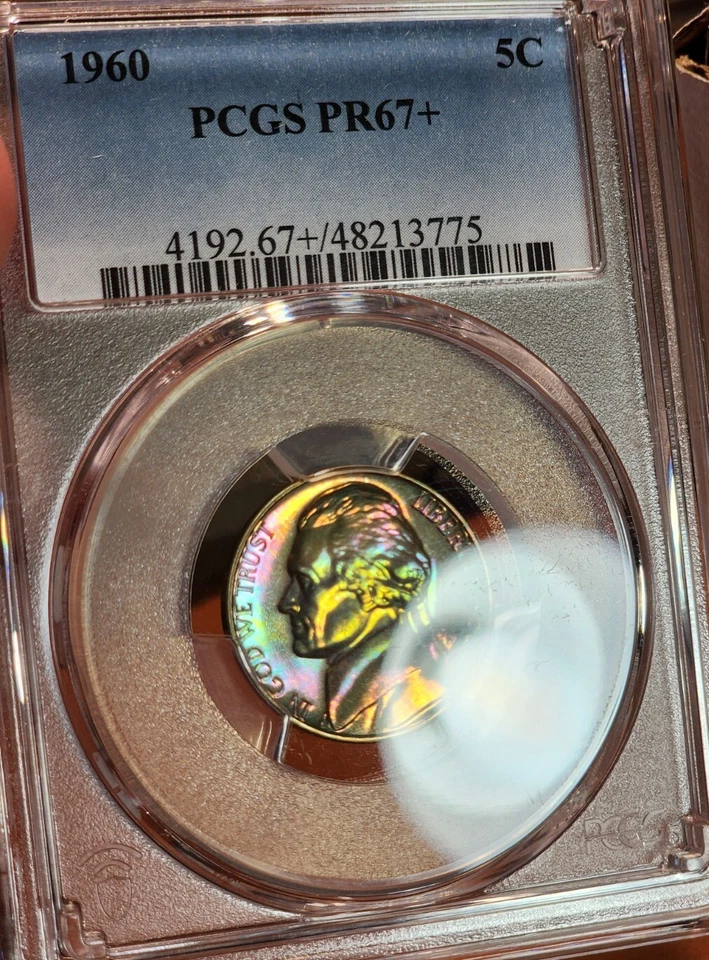 1960 5C Jefferson Nickel PCGS PR67+ Plus Grade Monster Rainbow Toned Neon Color - Image 4 of 4