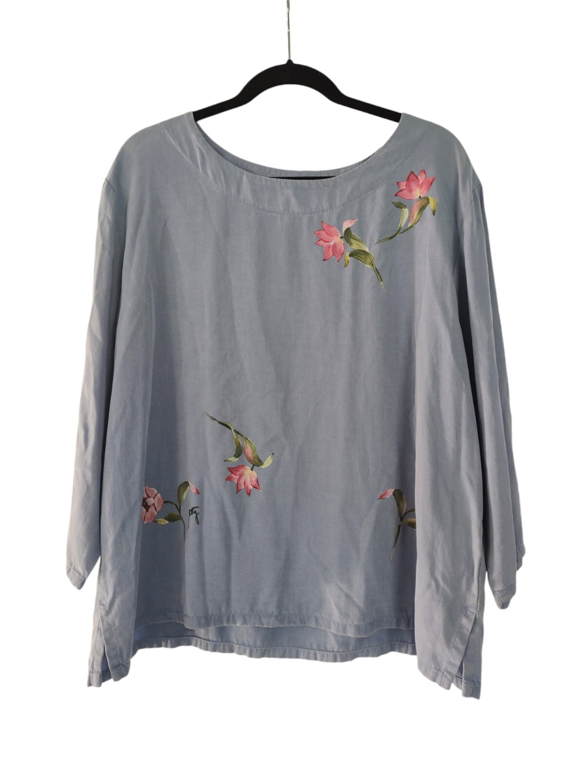 Hand Painted Chambray Top Women's Size XL Blue Floral Blouse Tencel Lyocell