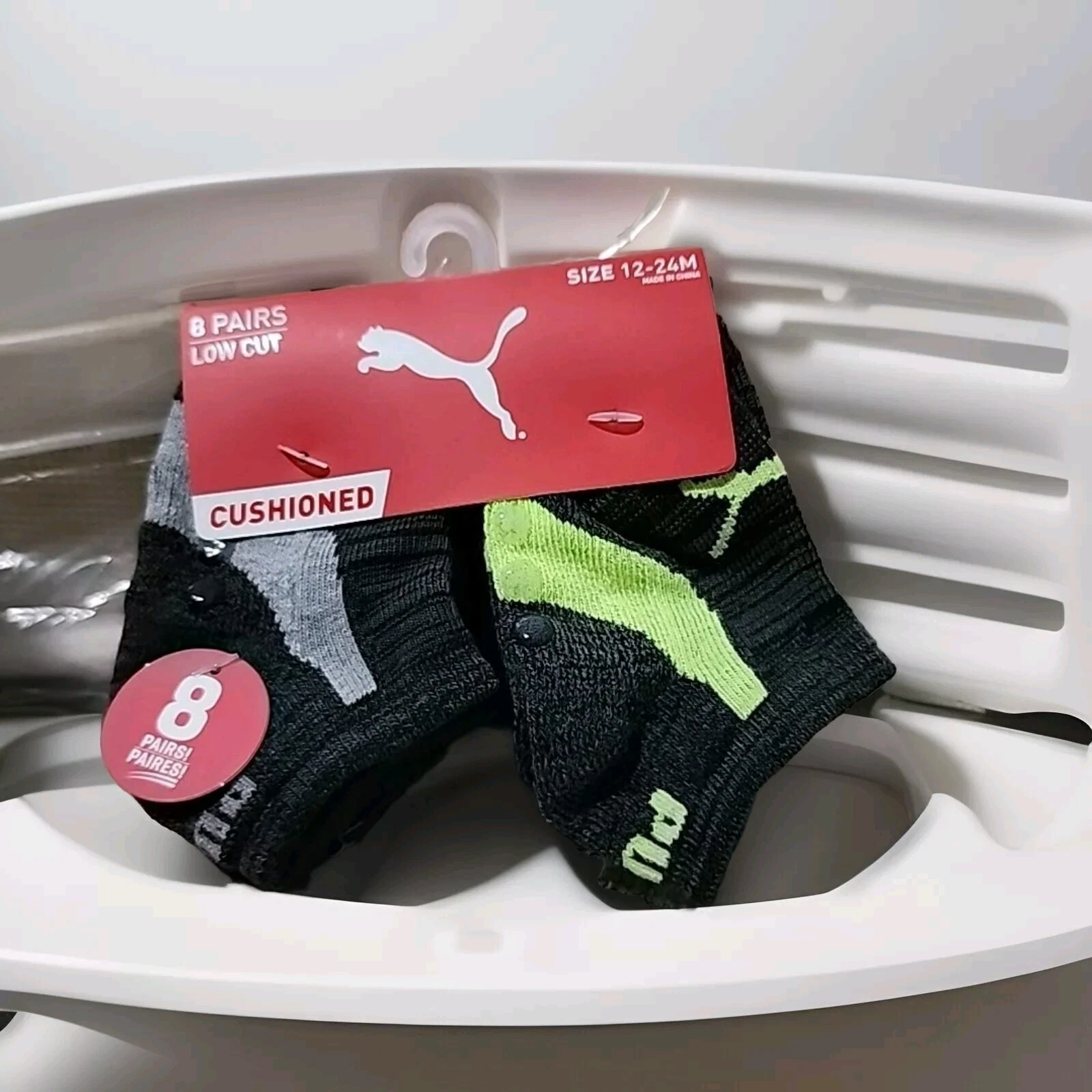Puma Baby 8 Pk Black Grey Low Cut Polyester Knit Cushion Logo Sock Set 12-24 MO