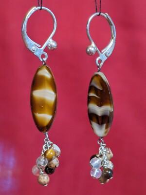 Vintage Earth Colored Boho Beaded Dangle Silver Toned 1.25'' Leverback Earrings