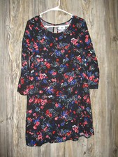 Old Navy Sz XL 14 Girls Black Floral Print 3/4 Keyhole Back Dress Boho Party