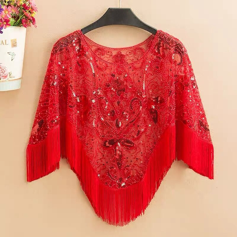 Dama Top Encaje Malla Capa Abrigo Chal Lentejuelas Brillo Borla Bolero Encogerse de hombros Fiesta Elegante