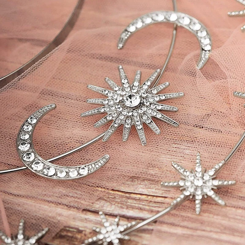 Diadema Halo Corona Diosa Estrellas Luna Sol Tiara, Boho Plata Tocado Foto 2 de 2