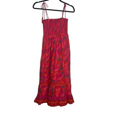 FARM Rio Dress Red Chili Pepper Midi Smocked Bodice Flounce Hem Tie Top Size XS