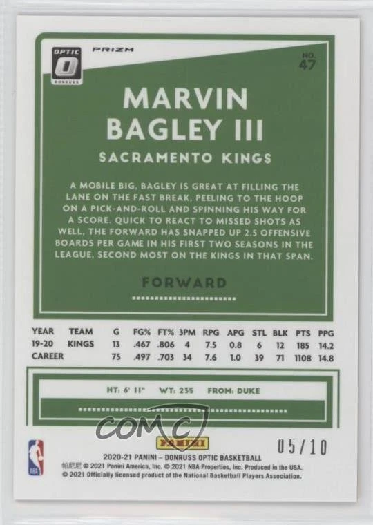 2020-21 Panini Donruss Optic Fast Break Gold Prizm /10 Marvin Bagley III #47 - Image 2 of 2