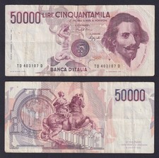 Italy 50000 lire banknote Bernini 1st Type D. 1984 (1990) P.-113b BB-/VF-