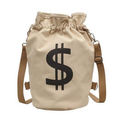 Women Canvas Drawstring Bucket Bag with Dollar Sign, Beige Money Bag Purse