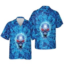 Blue Firing Skull Hawaiian Shirt   3D Graphic Aloha Beach Top