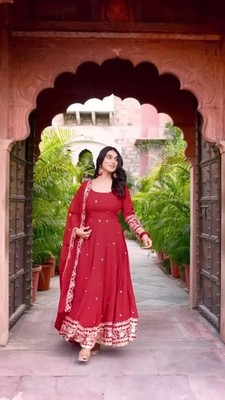 red dress ethnic Red Jacquard Woven Traditional Ethnic Gown For Girls