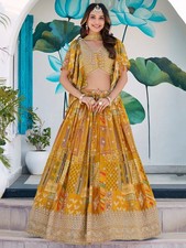 Bright Yellow Summer Festive Chinon Silk Lehenga Choli with Premium Craft Finish