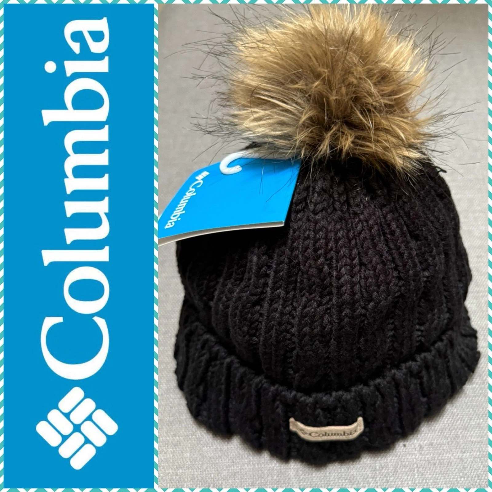 COLUMBIA Unisex Catacomb Crest Knit Faux Fur Pom Beanie Hat BLACK - NWT