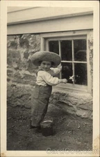 Boys Snapshot of Ralph Cleaning Window Original Vintage Real Photo Postcard RPPC