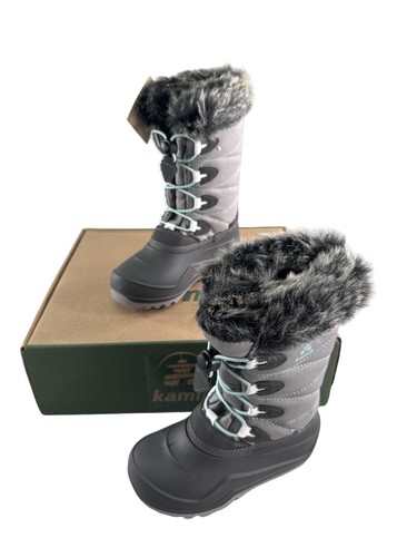 Kamik Boots 12 Snowangel Kids Charcoal Red Insulated Faux Fur Made USA Gray
