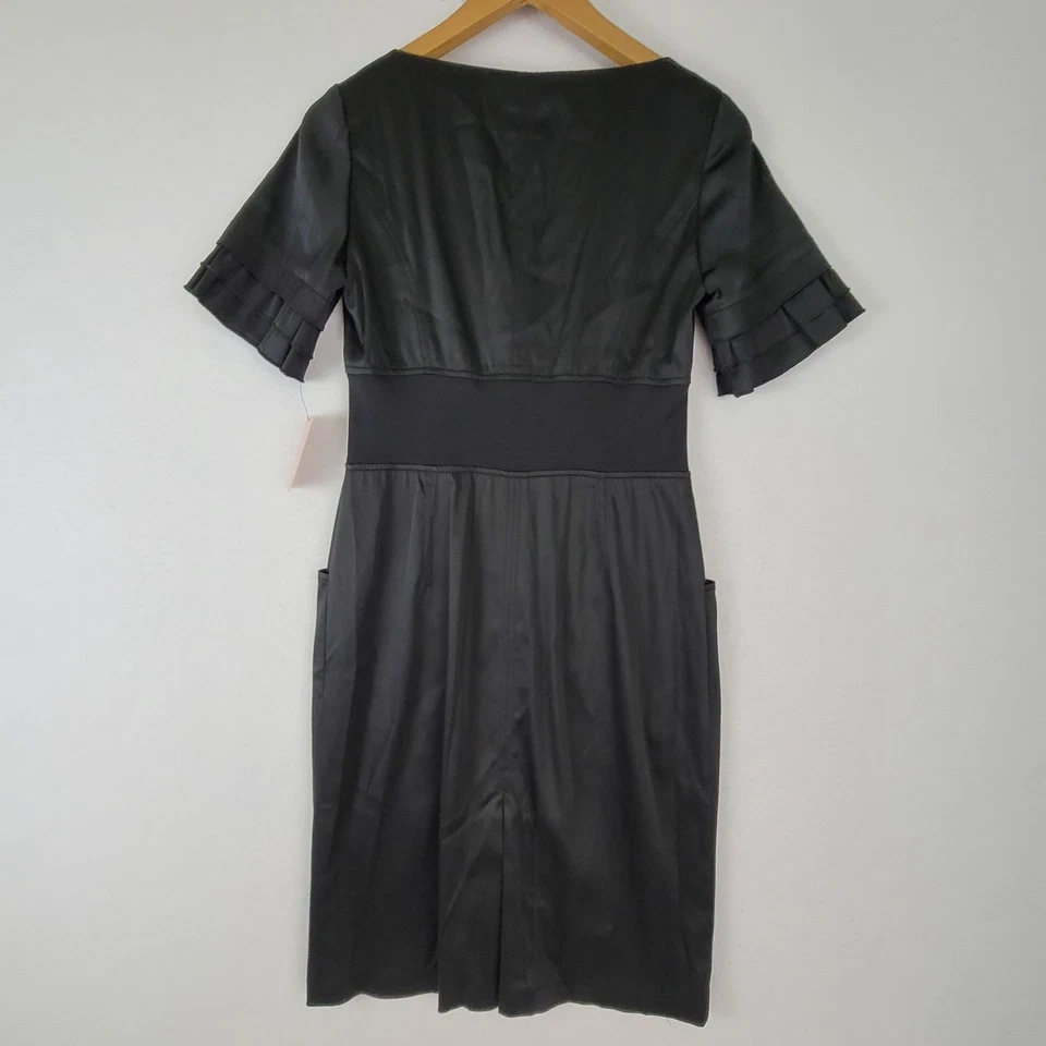 Nuevo con etiquetas Vestido Vaina Phoebe Couture Negro Satinado y Elástico Manga Corta Volantes Talla 4 Foto 2 de 4