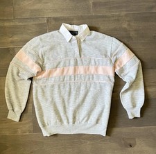 Mister Noah Sweater Womens Medium Rugby Pullover Stripe Collar 90s Pink Gray