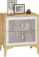 Faux Marble Nightstand with 2 Drawers and Gold Knobs, Modern Bedside Table