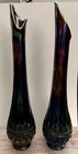Two 1970s OVG Fenton Olde Virginia Swung Vase Glass Amethyst Carnival Glass 14"
