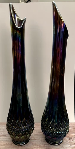 Two 1970s OVG Fenton Olde Virginia Swung Vase Glass Amethyst Carnival Glass 14"