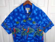 KY’S Hawaiian VTG Shirt Men XXL USA Made Blue Hawaii Parrots Aloha Coastal Beach
