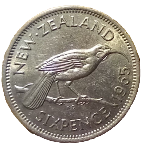 NEUSEELAND - 1965 - 6d Six Pence QEII Cu-Ni 'Huai Bird' 2,83 g 19,3 mm KM26,2 - Bild 1 von 3