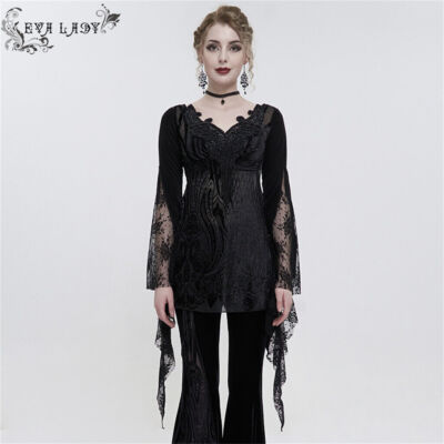 Eva Lady Black Gothic Lace Elegant Tasseled Long Trumpet Sleeve Shirt For Women