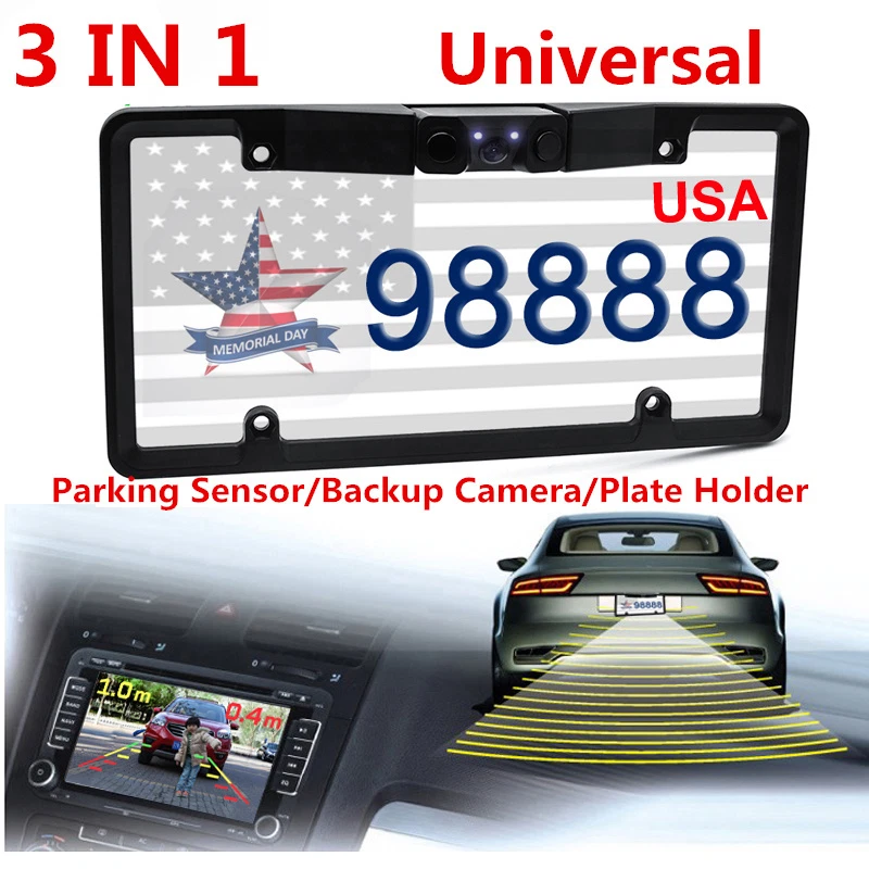 3In1 Car License Plate Frame Parking Sensor Radar +Rearview Backup Camera+2LED - Image 2 of 4