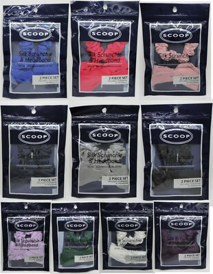 100% Silk Scrunchie and Silk Headband 2-Pc Set by Scoop --10 Different Colors --