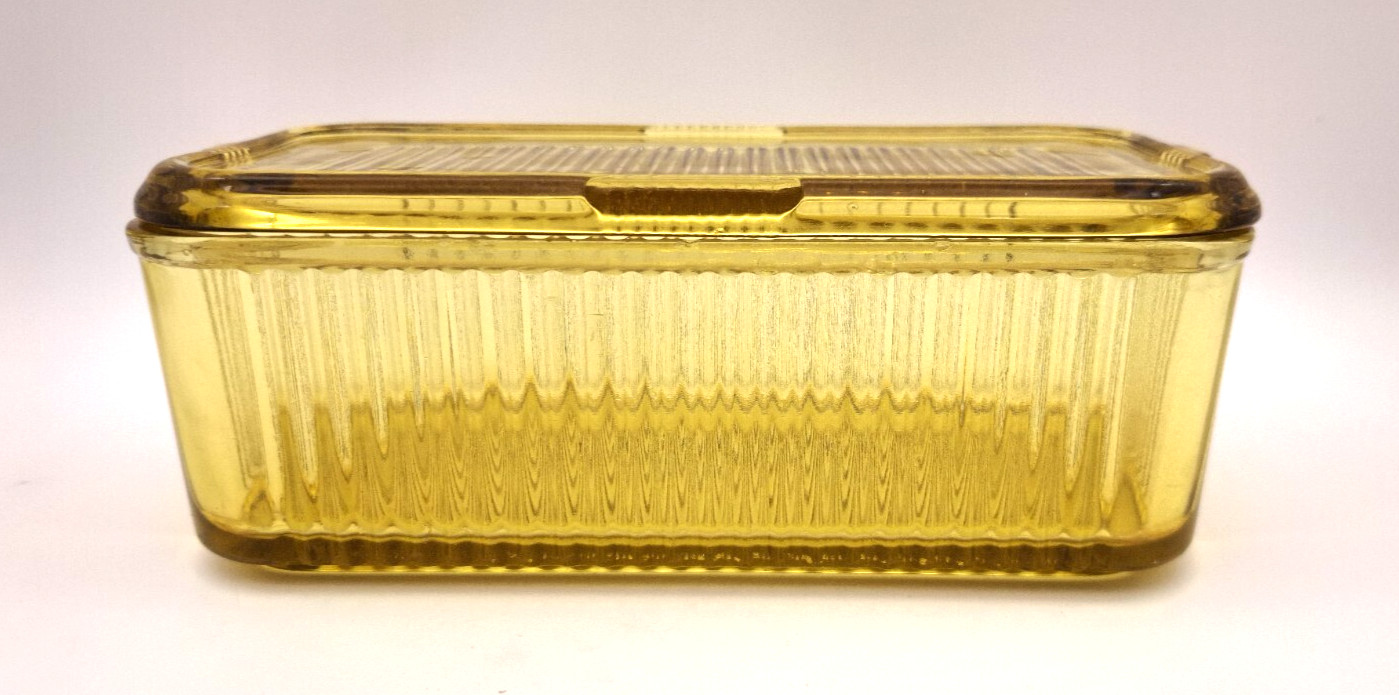 Vintage Federal Glass Amber Gold Yellow Rectangle Refrigerator Box Dish 8.5"