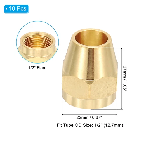 1/2" Brass Flare Nut, 10Pcs 45 Degree Short Flare Tube Fitting, Brass Tone - Picture 3 of 5