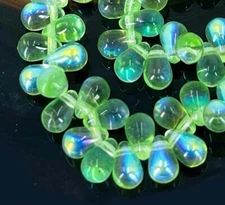 50 Czech Glass Teardrop Beads Tear Drops Green - Peridot AB moonstone