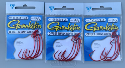 3 Packs Gamakatsu Offset Shank Worm EWG Hooks Red 3/0 58313