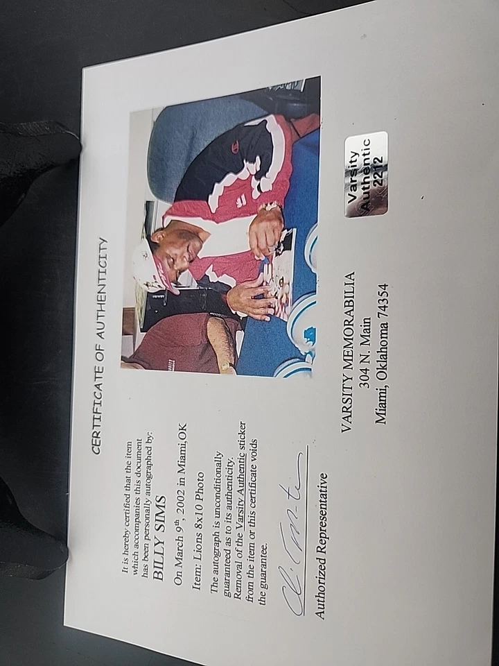 Foto firmada autografiada 8x10 de Billy Sims de Leones "A Larry 80 ROY" JSA AU16727 Foto 2 de 2