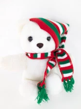 Vtg 1987 PTC Prestige Toy White Bear Plush Winter Hat Scarf Red Green Stripe 11"