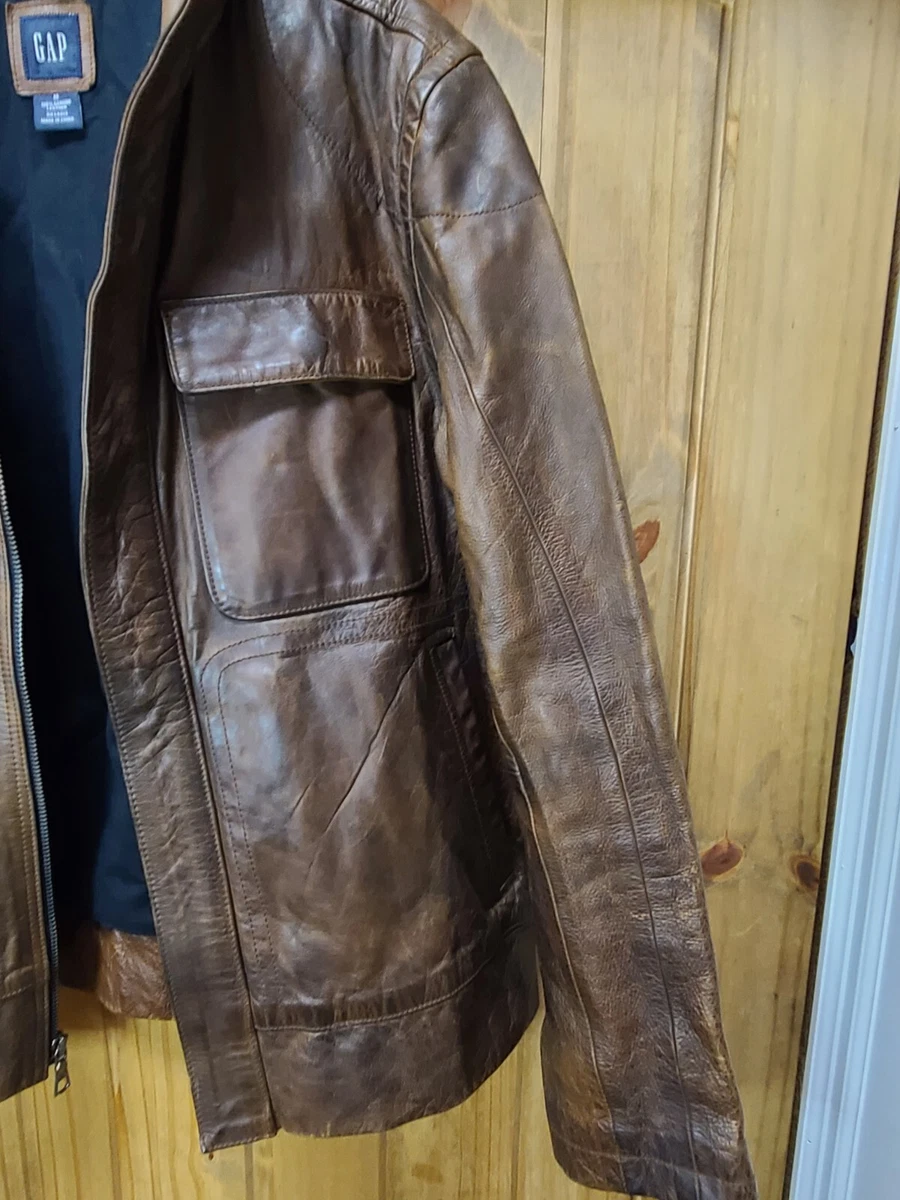 Vintage GAP 100% Genuine Leather Jacket Mens Size Medium M Brown Full Zip Coat