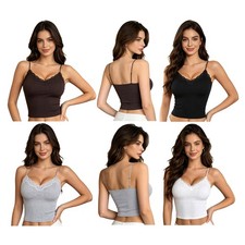 Women Vest Slim Camisole Streetwear Tank Top Smooth Lace Trim Spaghetti Straps