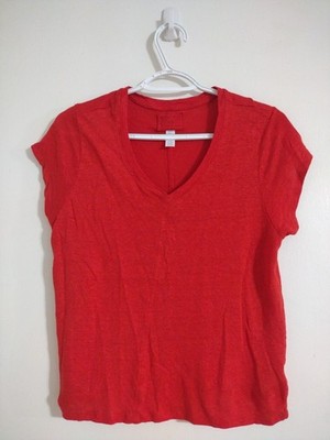 Sigrid Olsen T-Shirt Women Medium Red 100% Linen V-Neck Short Sleeve C342