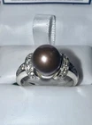 ESTATE Solid Sterling Silver 9mm Natural Chocolate Brown Pearl Ring Size 8