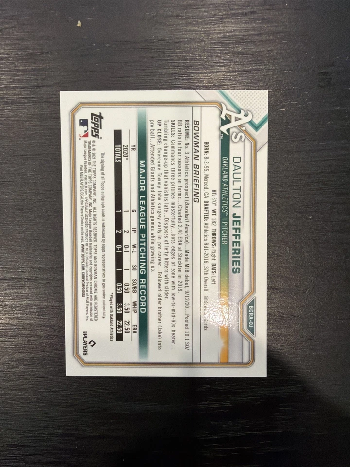 2020 Bowman Chrome Daulton Jefferies Gold Auto RC #25/50 Oakland A’s - Image 2 of 2