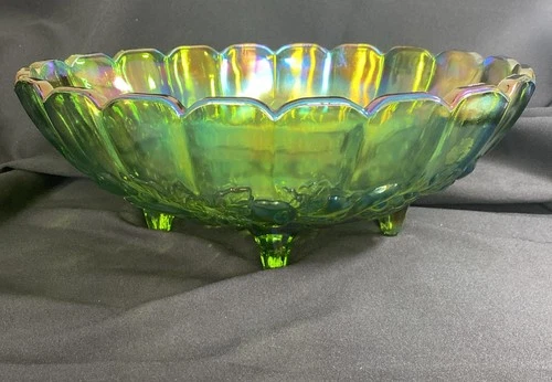 Vintage Green Carnival Iridescent Glass Indiana Harvest Grape Footed Bowl 12”