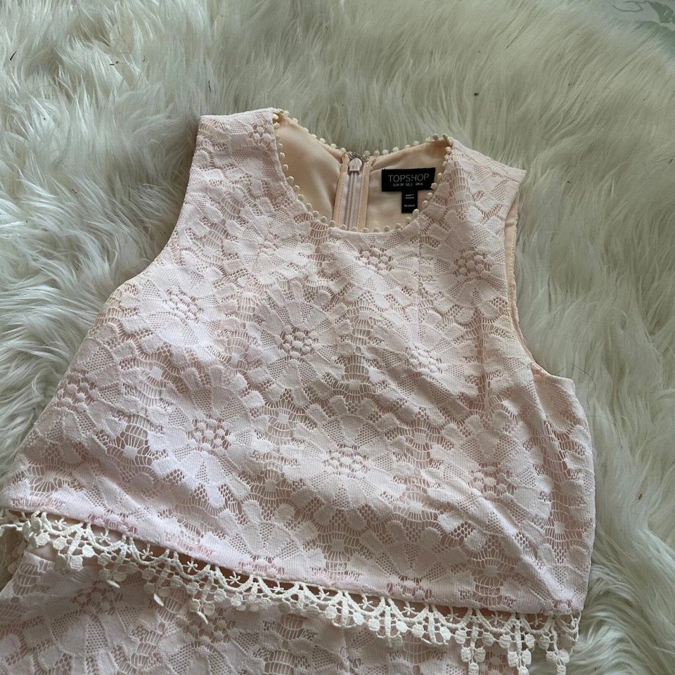 Vestido midi de encaje floral Topshop rosa y amarillo crochet lápiz talla 2 Foto 4 de 4